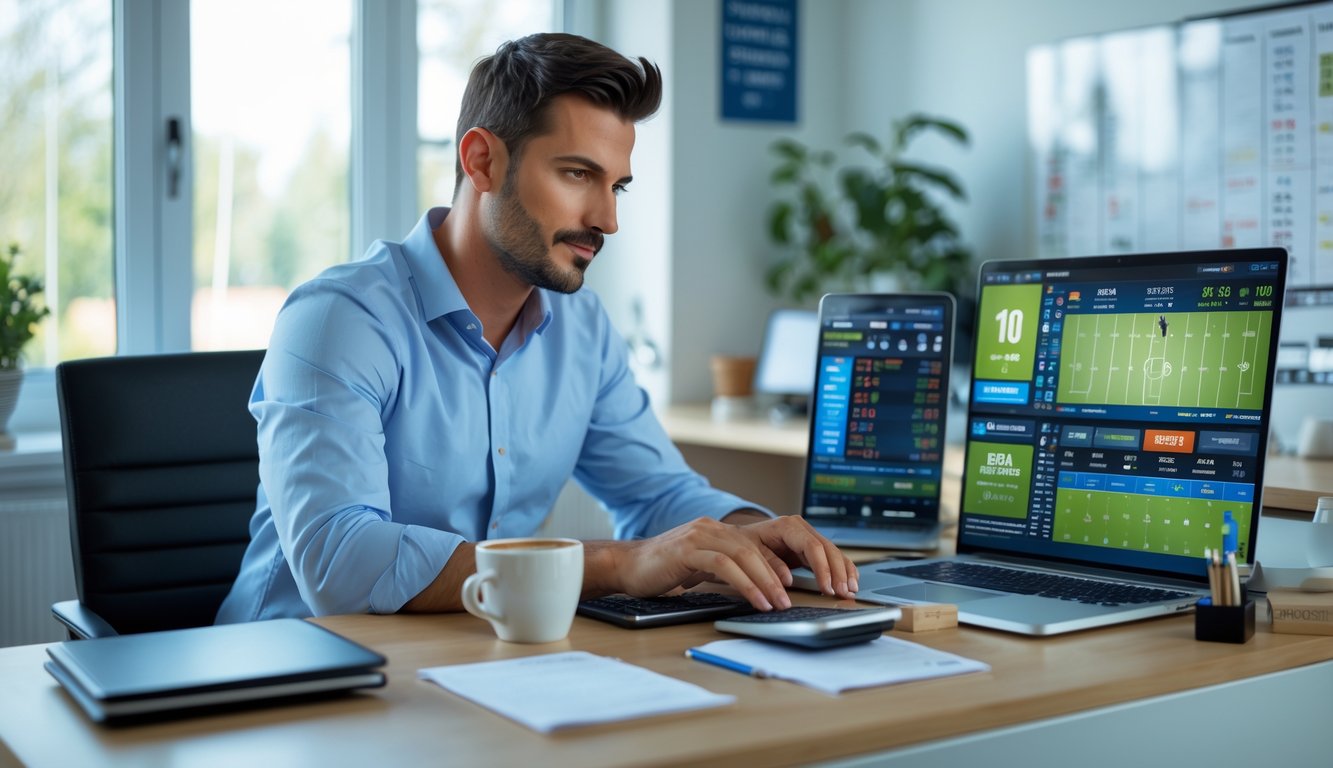 Seorang pria duduk di meja kerja dengan beberapa perangkat digital yang menampilkan statistik dan pembaruan pertandingan olahraga.