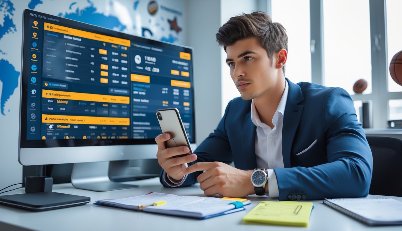 Seorang pria muda duduk di meja dengan perangkat digital yang menampilkan informasi taruhan olahraga, tampak fokus dan serius.