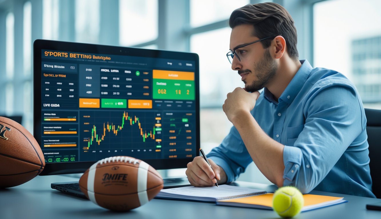 Seseorang sedang menganalisis strategi taruhan olahraga di depan laptop dengan layar menampilkan statistik dan peluang pertandingan, di ruang kerja modern.