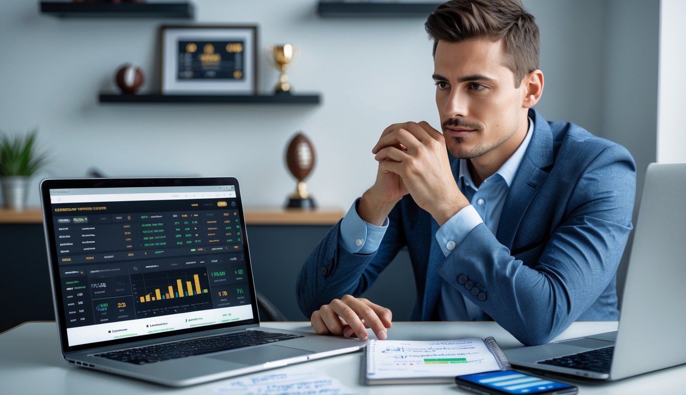 Seseorang sedang menganalisis strategi taruhan olahraga online di depan laptop dengan ponsel dan catatan di meja.