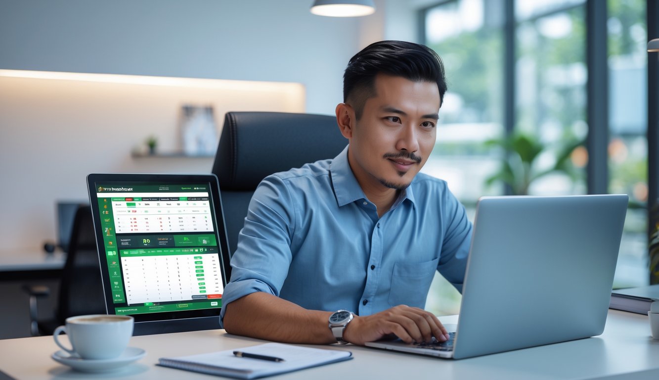 Seorang pria Indonesia duduk di meja modern menggunakan laptop dengan grafik taruhan olahraga di layar, di ruang kantor yang terang dan rapi.