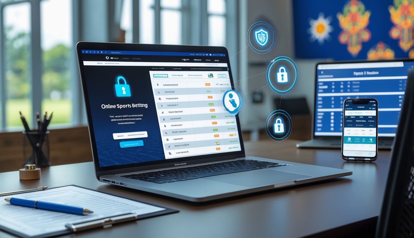 Sebuah meja kerja modern dengan laptop yang menampilkan situs taruhan olahraga online, ponsel dengan skor pertandingan langsung, dan clipboard dengan daftar periksa, di latar belakang terdapat elemen budaya Indonesia.