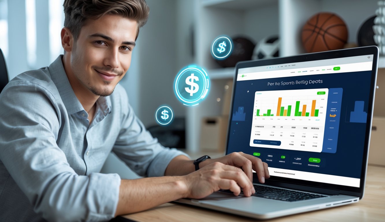 Seorang pria muda menggunakan laptop di ruang kerja modern dengan peralatan olahraga di latar belakang, menunjukkan aktivitas taruhan olahraga online yang cepat dan terpercaya.