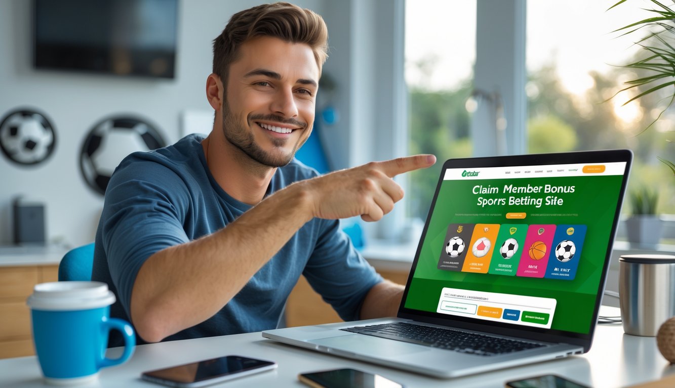 Seorang pria muda duduk di meja dengan laptop yang menampilkan situs taruhan olahraga, tersenyum sambil menunjuk layar.