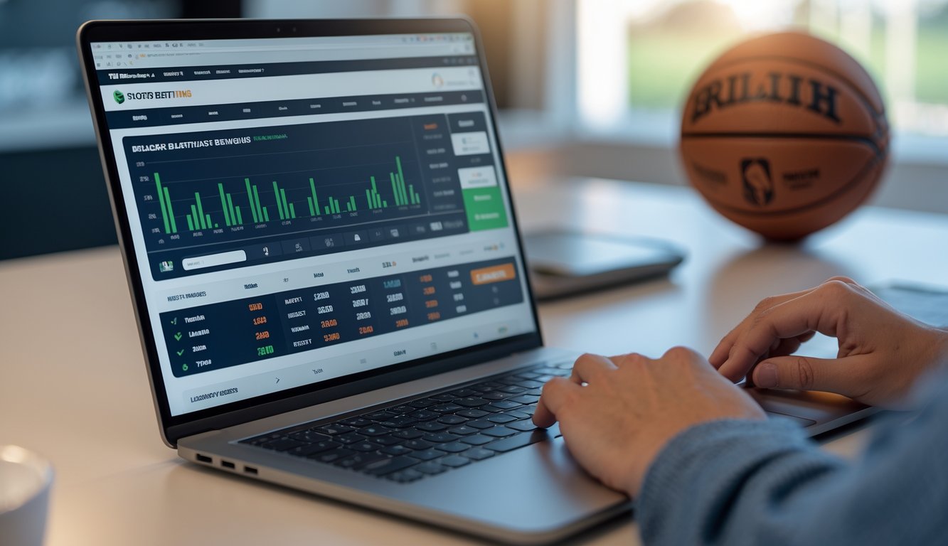 Meja kerja dengan laptop yang menampilkan situs taruhan olahraga, tangan seseorang sedang menggunakan laptop, dengan bola sepak dan bola basket di latar belakang.