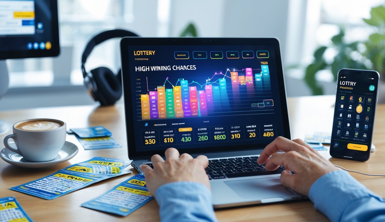 Seseorang menggunakan laptop di meja kerja dengan tiket togel dan ponsel di sekitarnya dalam ruangan kantor yang terang.