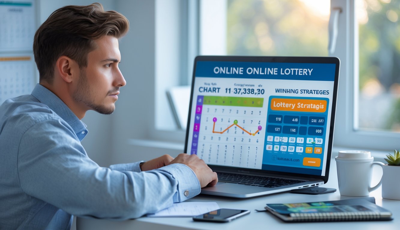 Seorang pria muda duduk di meja kerja dengan laptop dan ponsel, fokus mempelajari strategi togel online di ruang kerja yang terang.