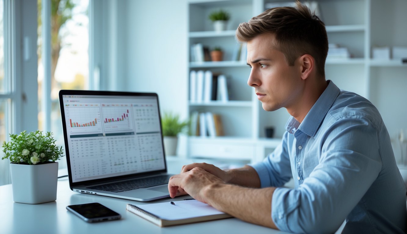 Seorang pria muda duduk di meja kerja dengan laptop, melihat layar dengan serius di ruang kantor rumah yang terang dan rapi.