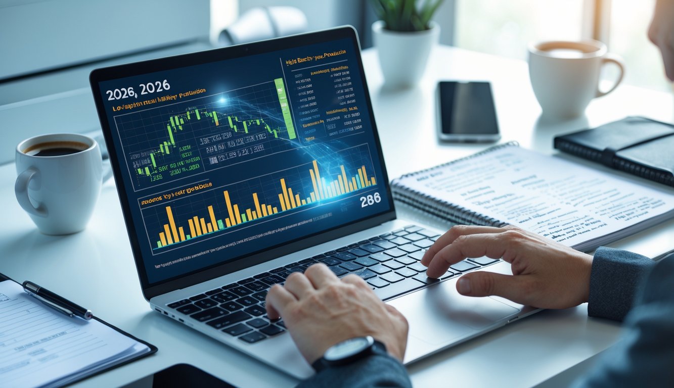 Meja kerja modern dengan laptop yang menampilkan grafik dan angka prediksi togel, tangan seseorang sedang mengetik, dilengkapi dengan kopi, ponsel, dan buku catatan.