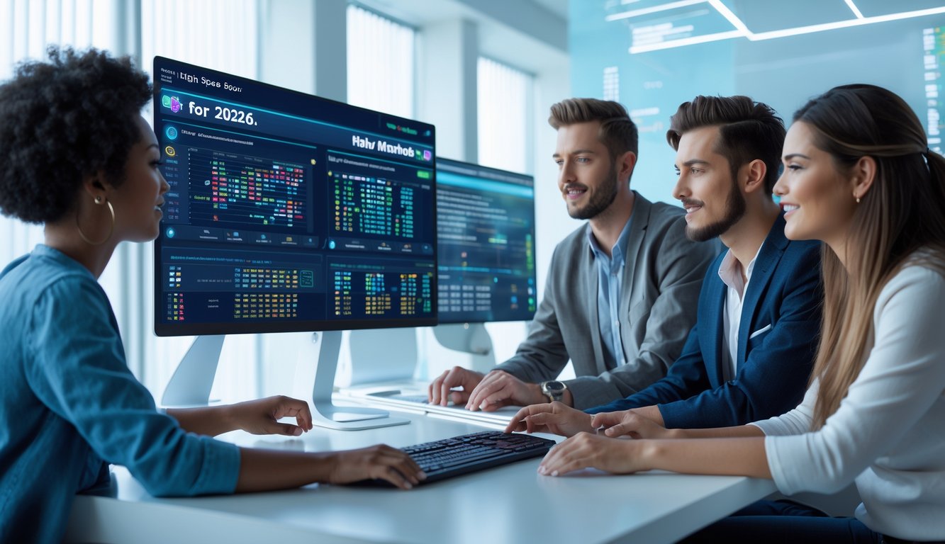 Sekelompok orang muda sedang berkumpul di sekitar komputer dengan layar menampilkan data dan angka togel, terlihat fokus dan berdiskusi dalam ruang kantor modern.