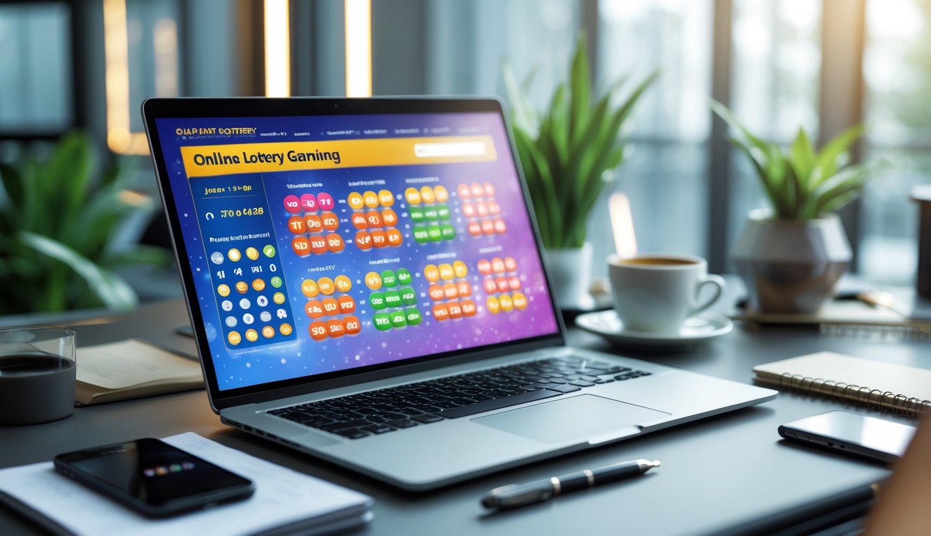 Sebuah meja kerja modern dengan laptop yang menampilkan situs togel online, dikelilingi oleh cangkir kopi, ponsel, dan buku catatan di ruang kantor yang terang dengan tanaman hijau.