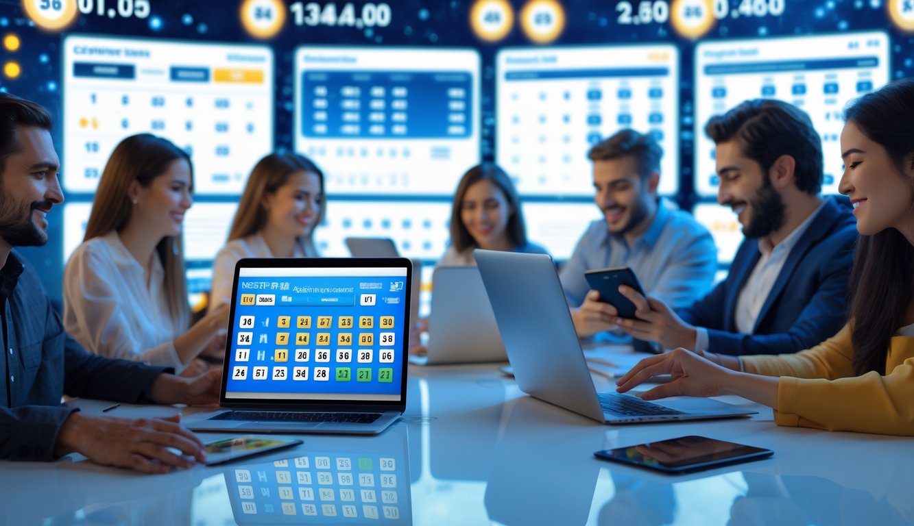 Orang-orang menggunakan perangkat digital untuk bermain togel online di lingkungan modern dan terang.