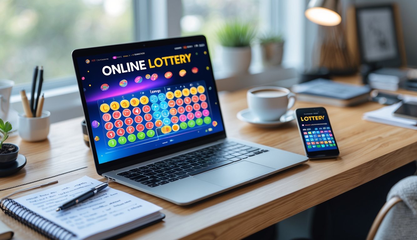 Sebuah meja kerja dengan laptop yang menampilkan permainan togel online, notebook dengan catatan, cangkir kopi, dan ponsel di atas meja kayu di dalam ruangan yang terang.