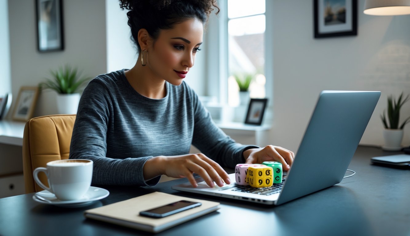 Seseorang duduk di meja modern, fokus bermain togel online menggunakan laptop di ruang kerja rumah yang rapi.