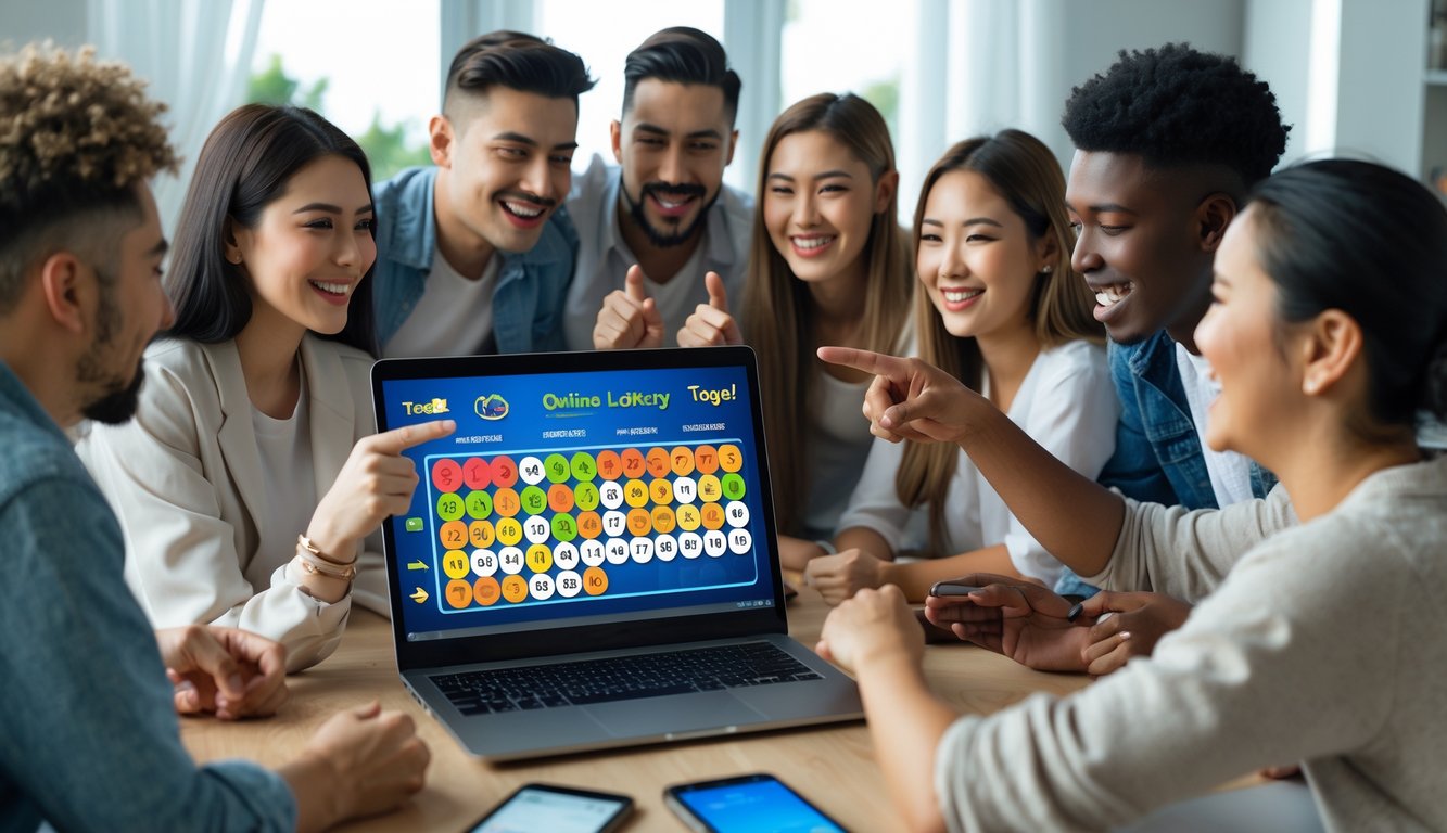Sekelompok orang muda sedang berkumpul di ruang tamu modern, melihat layar laptop yang menampilkan angka togel dengan ekspresi antusias dan bahagia.