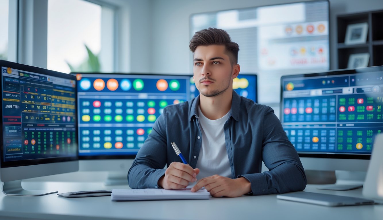 Seorang pria muda duduk di meja dengan beberapa layar komputer menampilkan grafik dan angka, sedang menganalisis data di ruang kerja modern.