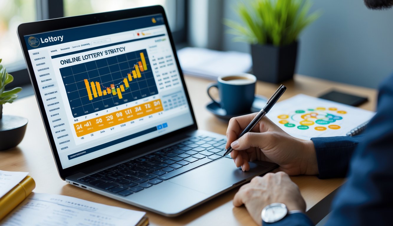 Seseorang sedang menganalisis data togel online di depan laptop dan smartphone di meja kerja yang rapi.