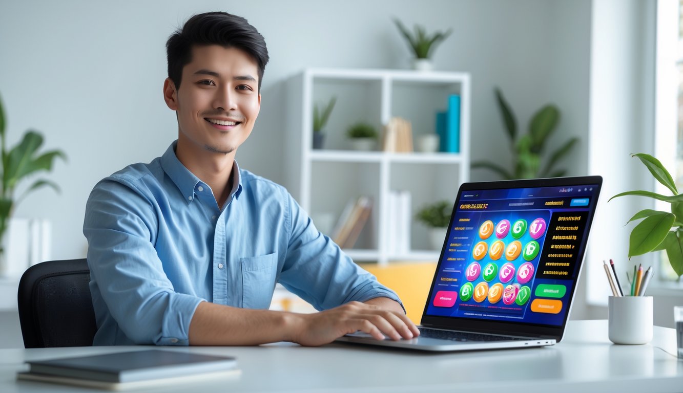 Seseorang muda duduk di meja dengan laptop terbuka, terlihat fokus dan tersenyum di ruang kerja yang terang dan rapi.