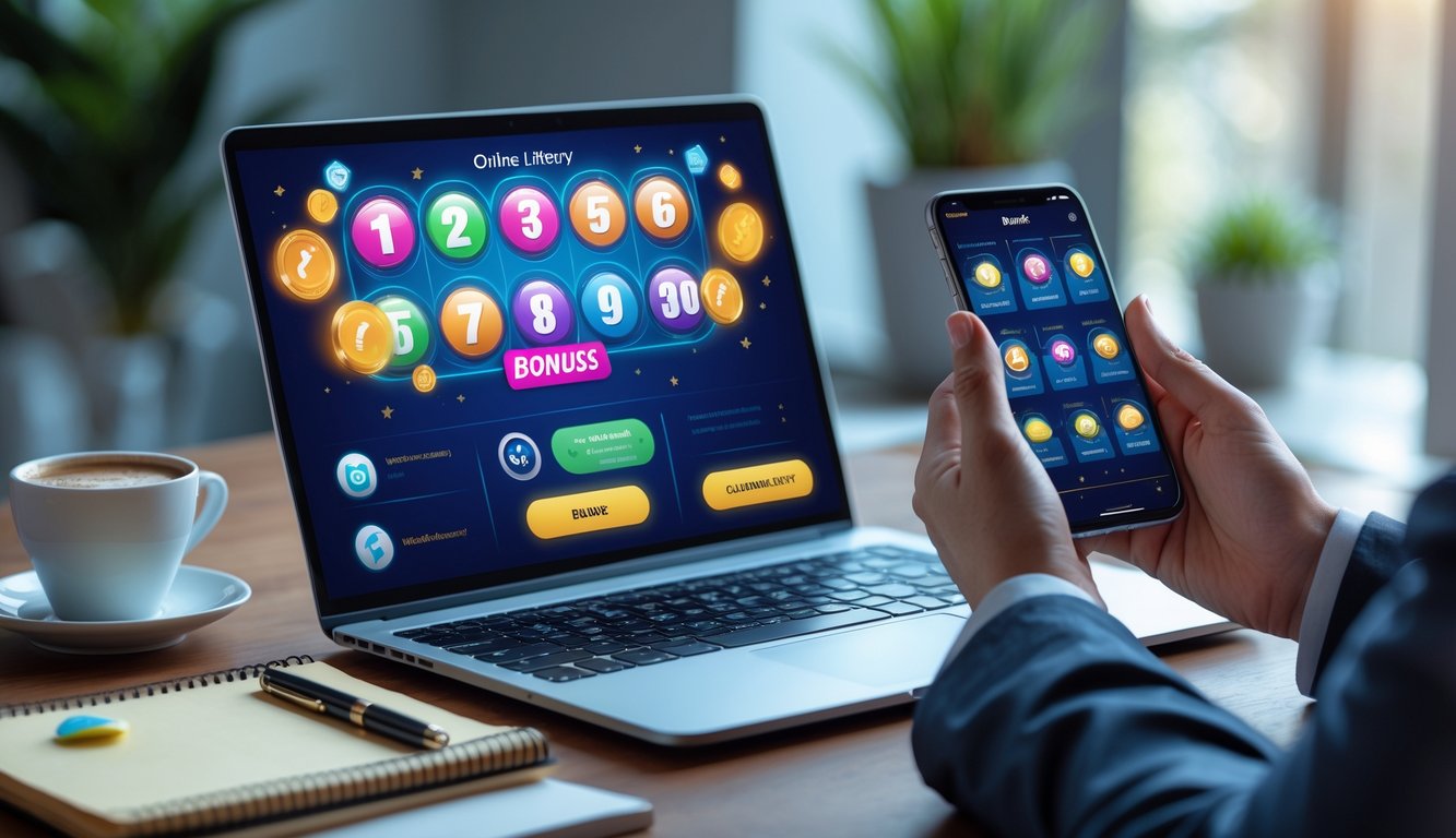 Seorang pria menggunakan laptop dan ponsel di meja kerja dengan tampilan permainan togel online di layar.