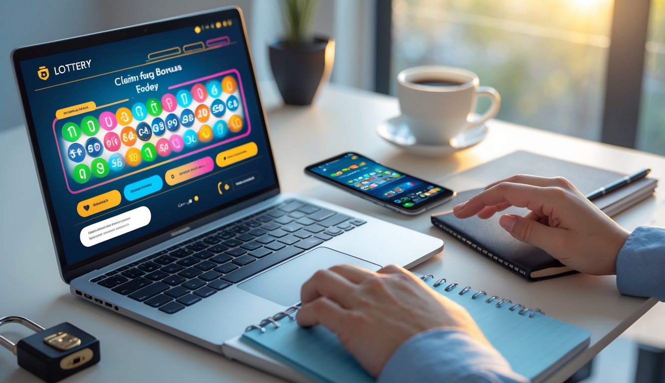 Seseorang menggunakan laptop dan ponsel di meja kerja dengan suasana kantor rumah yang terang dan nyaman.