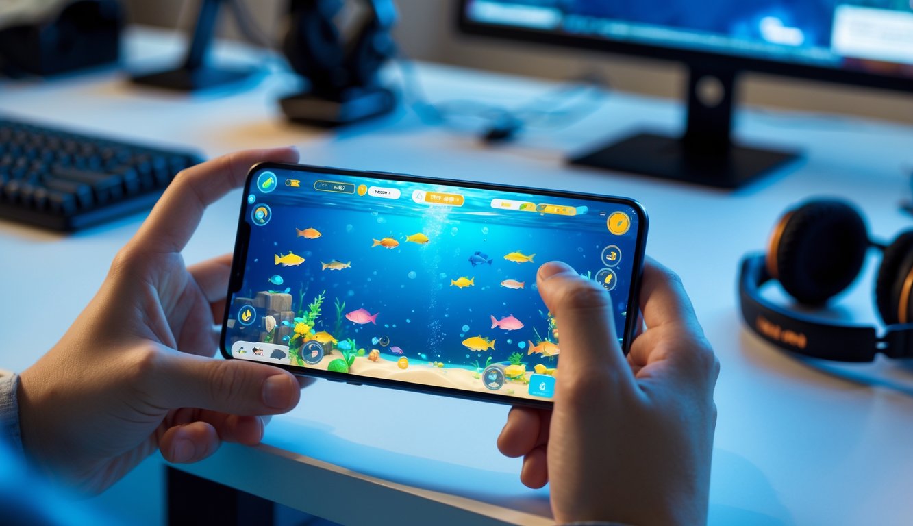 Tangan seseorang memegang ponsel yang menampilkan permainan tembak ikan dengan latar belakang meja kerja dan aksesori teknologi.