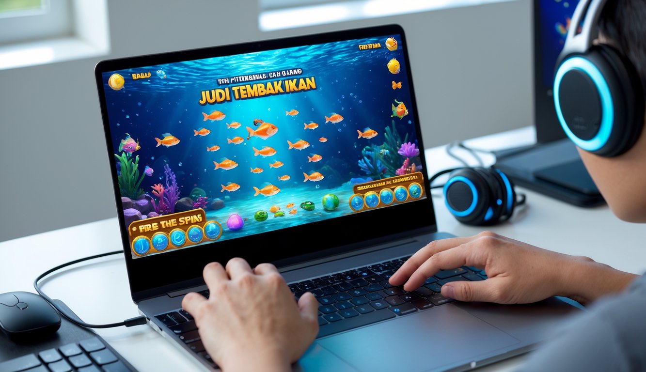 Seseorang bermain permainan judi tembak ikan online di depan layar komputer dengan latar bawah laut dan ikan berwarna-warni.