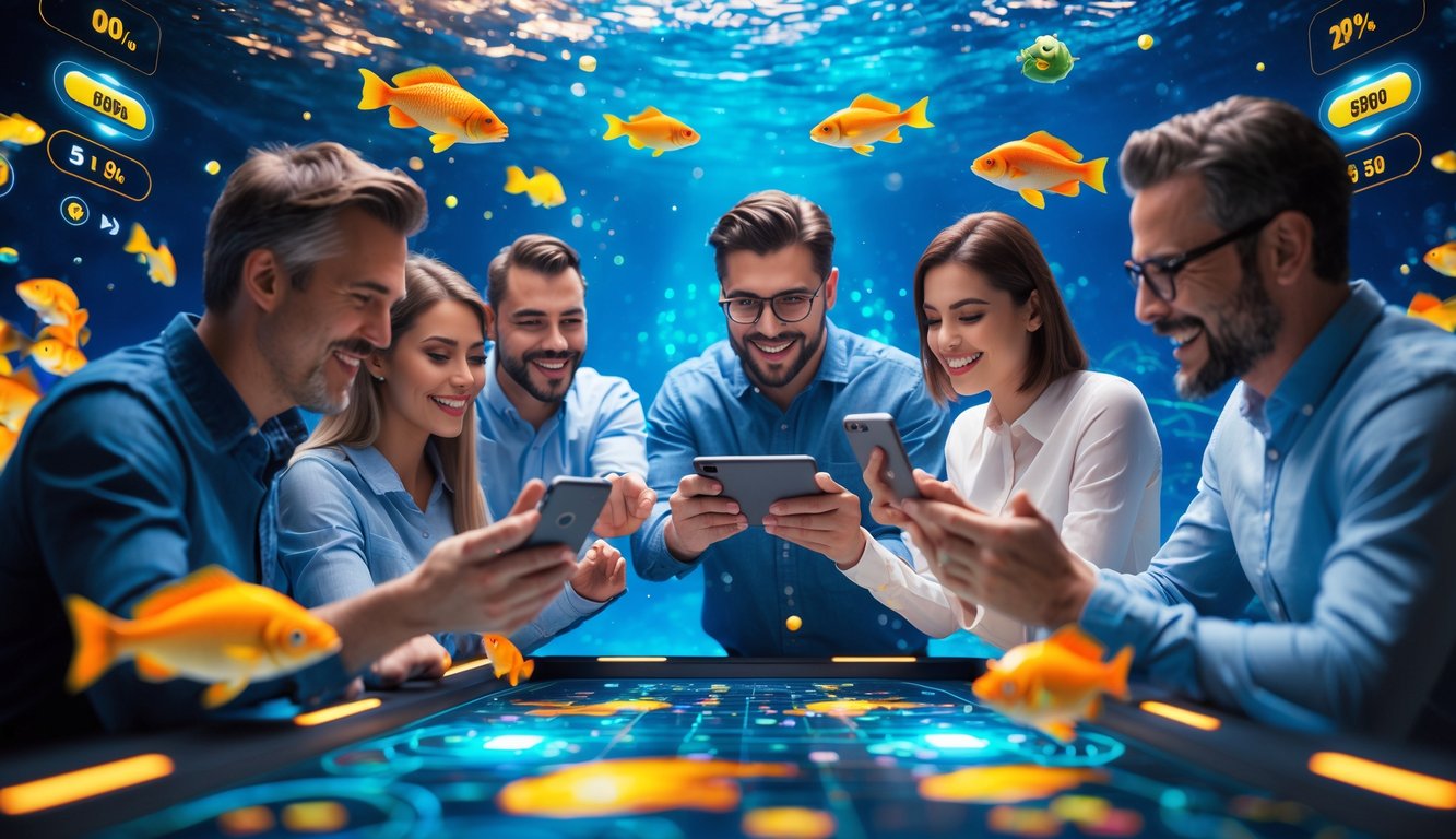 Beberapa pemain dewasa sedang bermain permainan tembak ikan secara online dengan latar bawah laut berwarna-warni dan efek air yang dinamis.