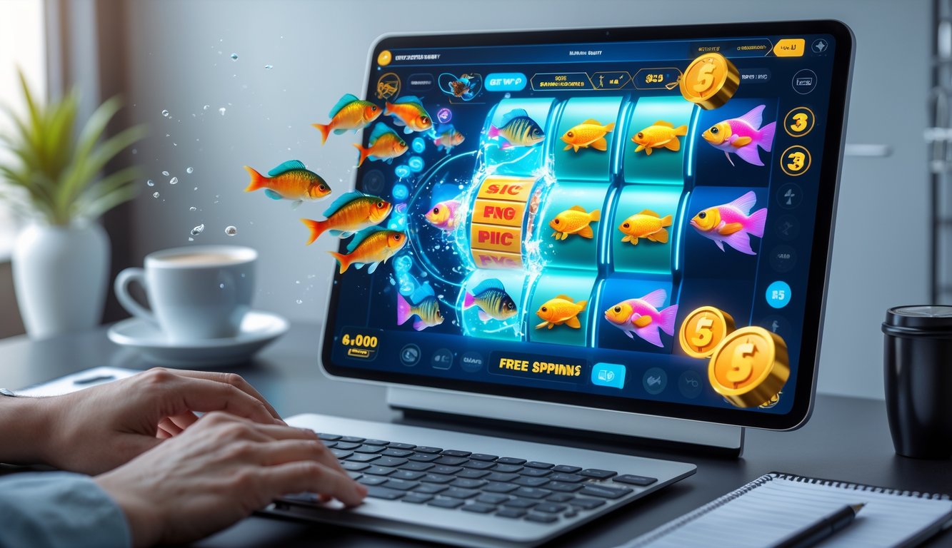 Seseorang menggunakan perangkat digital menampilkan permainan judi tembak ikan dengan animasi ikan berwarna-warni dan simbol putaran gratis.