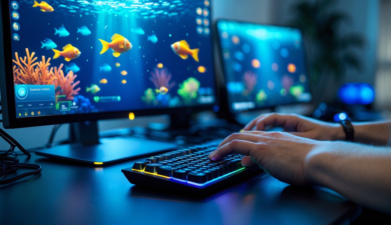 Seseorang menggunakan komputer dengan layar menampilkan permainan tembak ikan, tangan aktif mengoperasikan mouse dan keyboard di meja kerja yang rapi.