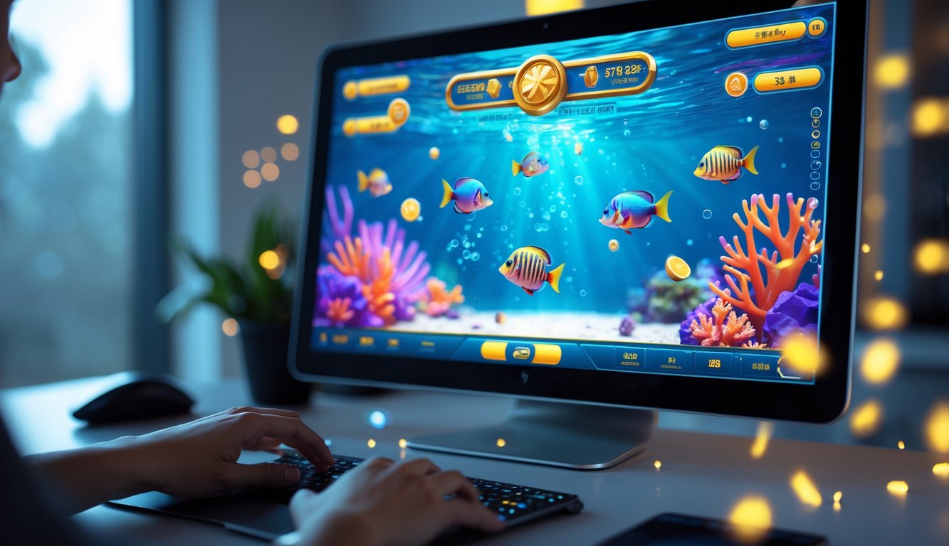 Seseorang bermain permainan tembak ikan di komputer dengan latar bawah laut berwarna-warni dan ikan animasi.