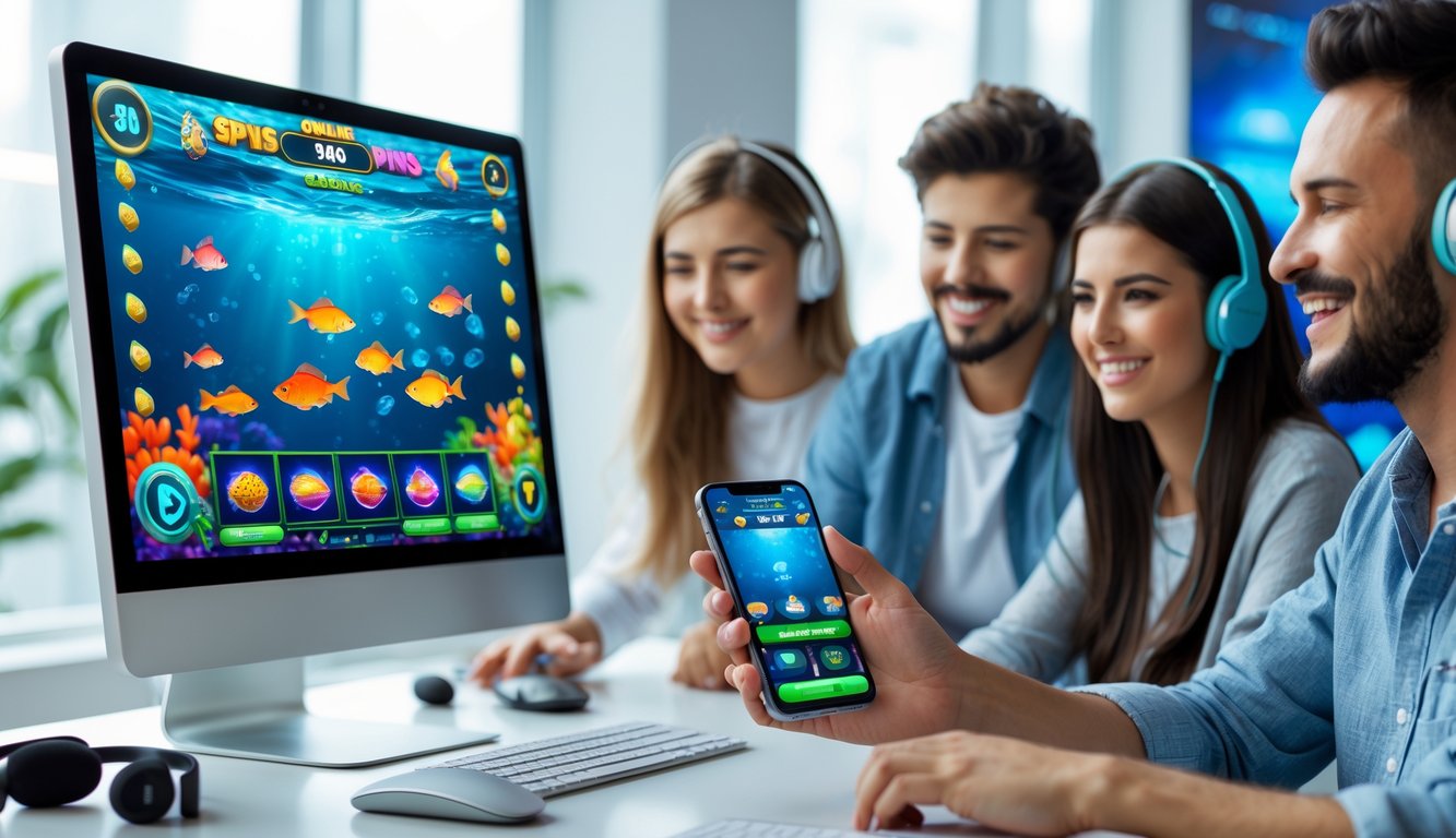 Sekelompok orang muda sedang bermain permainan tembak ikan di komputer dan ponsel dengan latar belakang grafis ikan berwarna-warni di layar.