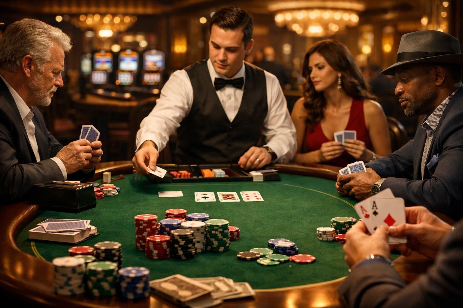 A Casino Scene Showing People Playing Card Games Around A Poker Table With Chips And Cards.