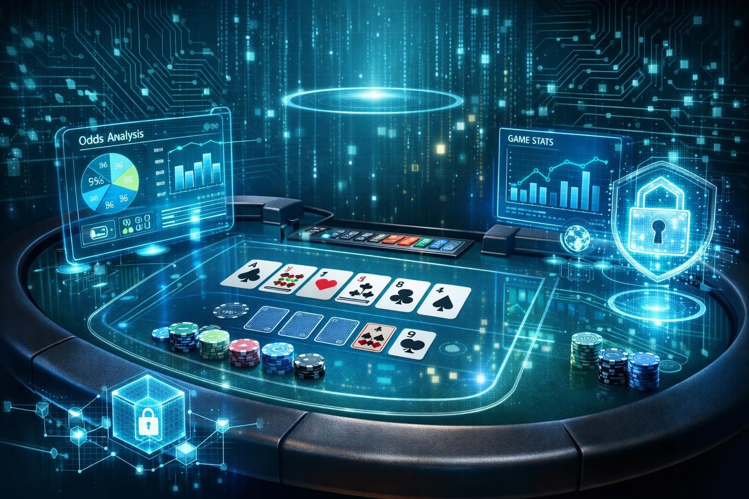 A Digital Poker Table With Holographic Interfaces And Glowing Data Streams Representing Technology Behind A Casino Game.