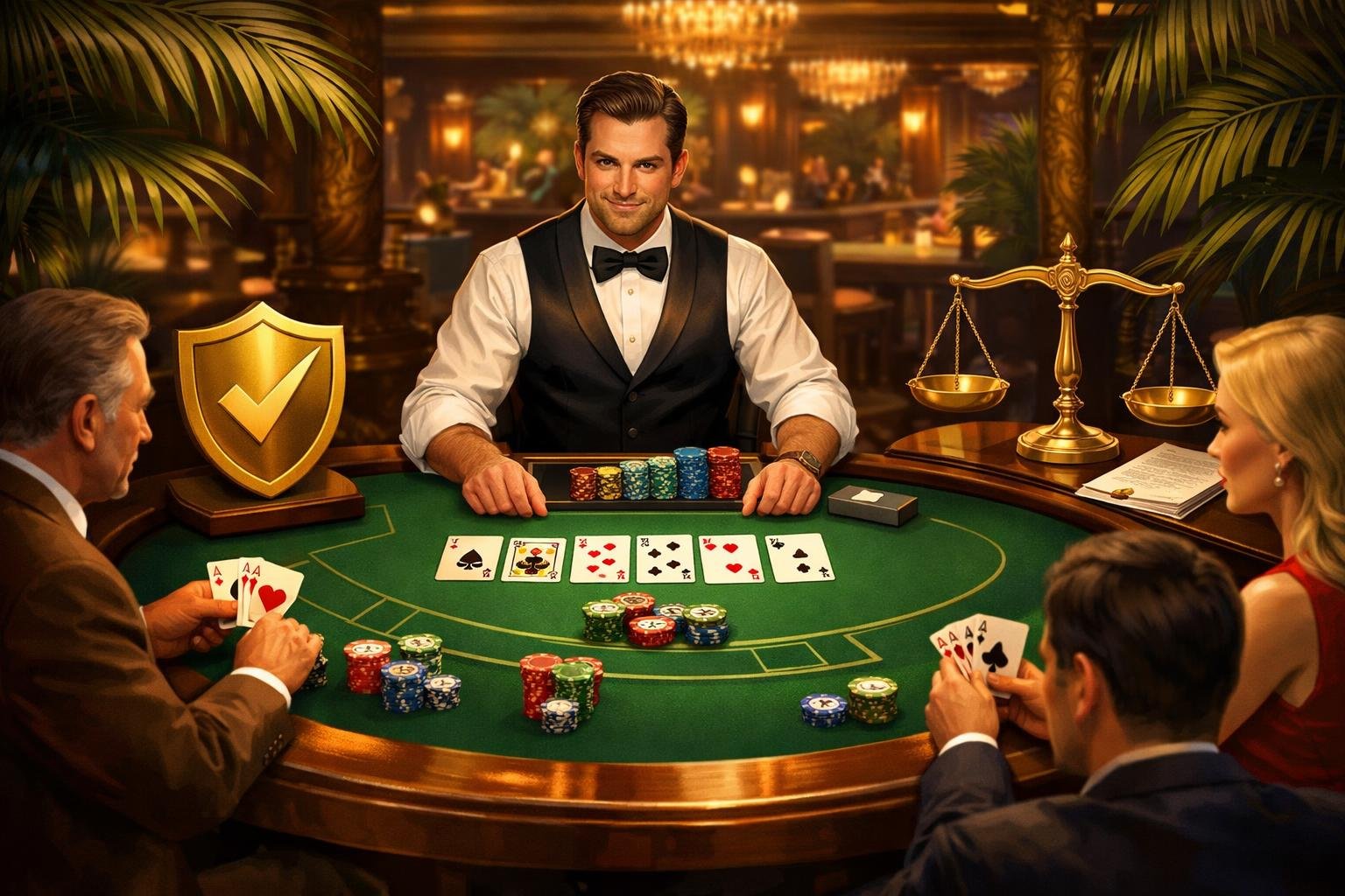 A Casino Poker Table With Players And Dealer Playing Caribbean Stud Poker, Accompanied By Symbols Of Licensing And Fairness Like A Shield And Balanced Scales.