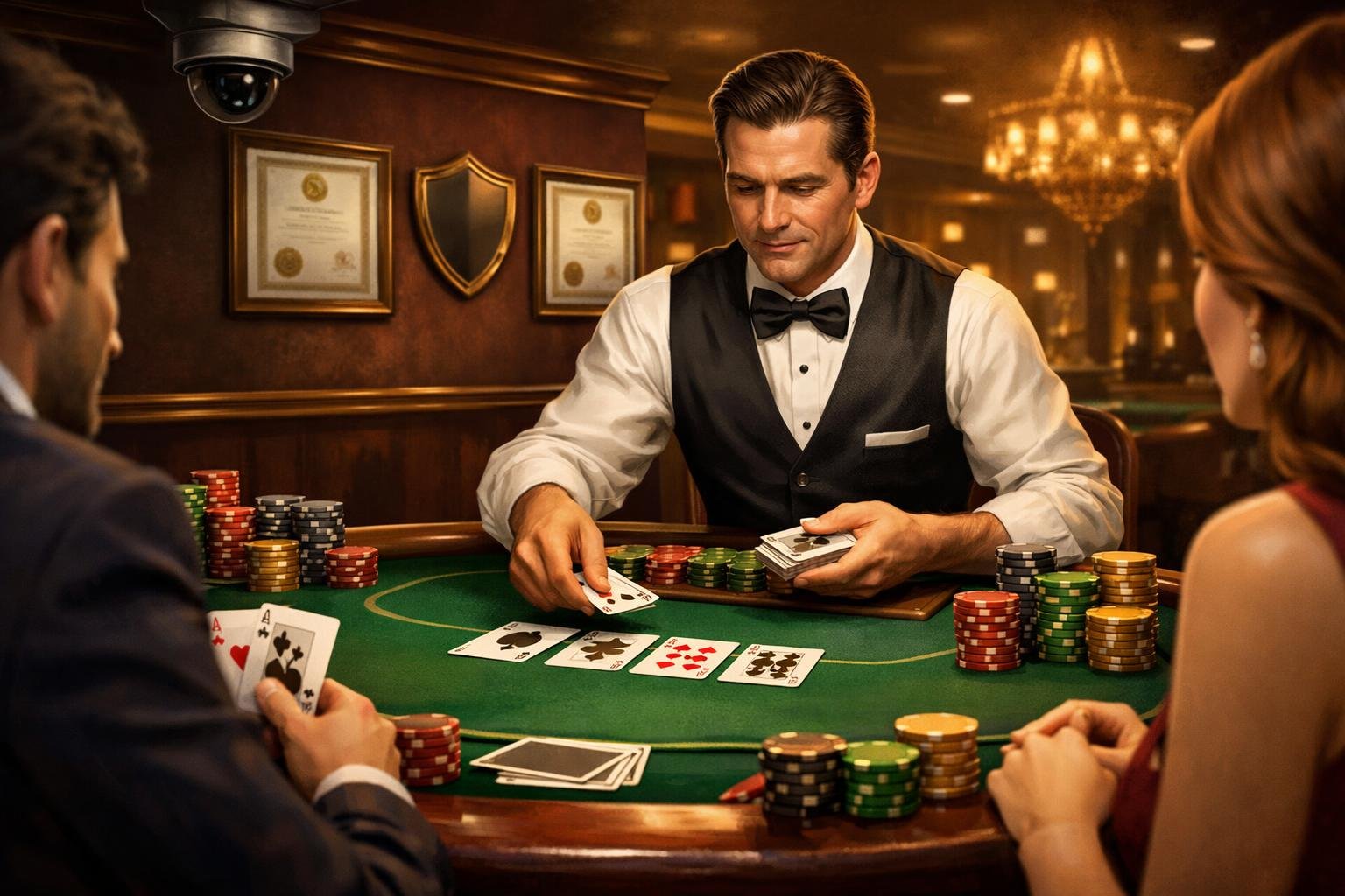 A Casino Table With A Dealer Dealing Cards To Players, Surrounded By Poker Chips And Subtle Security Elements Indicating Fair Play And Licensing.