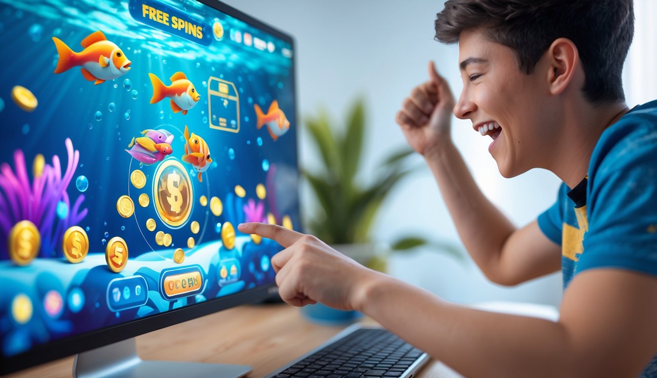 Seorang pemain muda sedang bermain game menembak ikan di perangkat digital dengan latar belakang bawah laut penuh warna.
