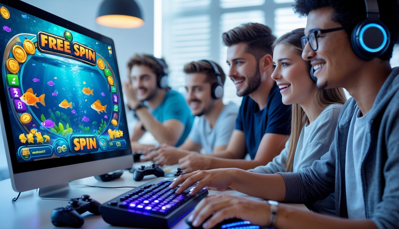 Beberapa orang muda sedang bermain permainan tembak ikan di komputer dengan latar belakang warna-warni dan suasana ruangan yang terang.