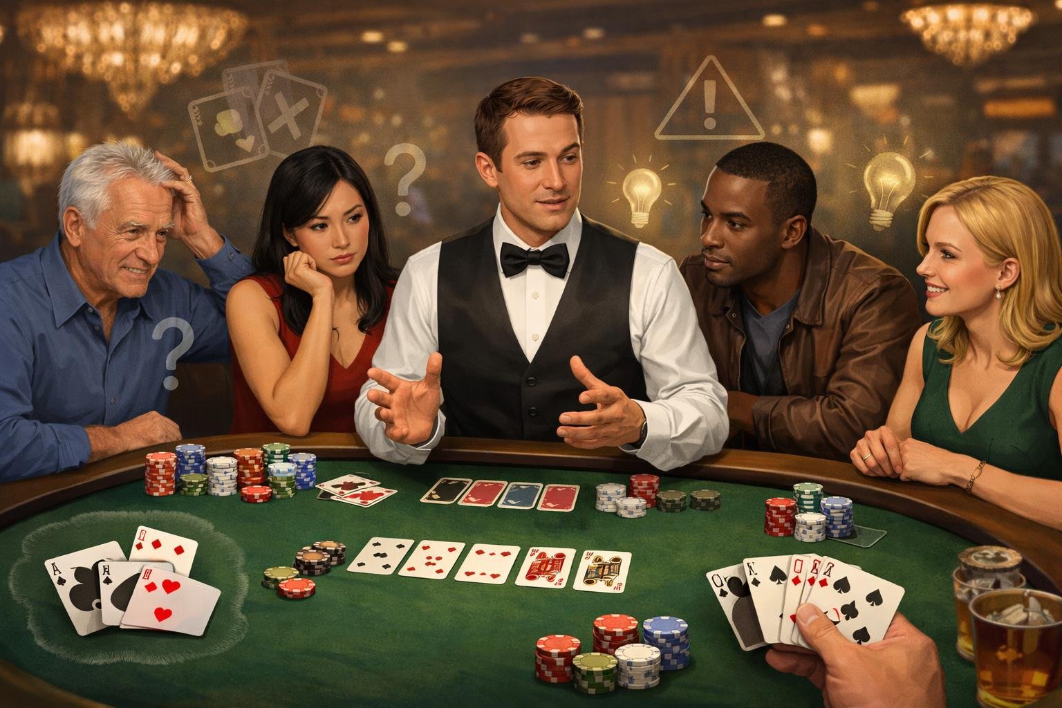 A Group Of People Around A Casino Card Table With A Dealer Explaining Strategies, Showing Players Learning And Solving Common Card Game Problems.