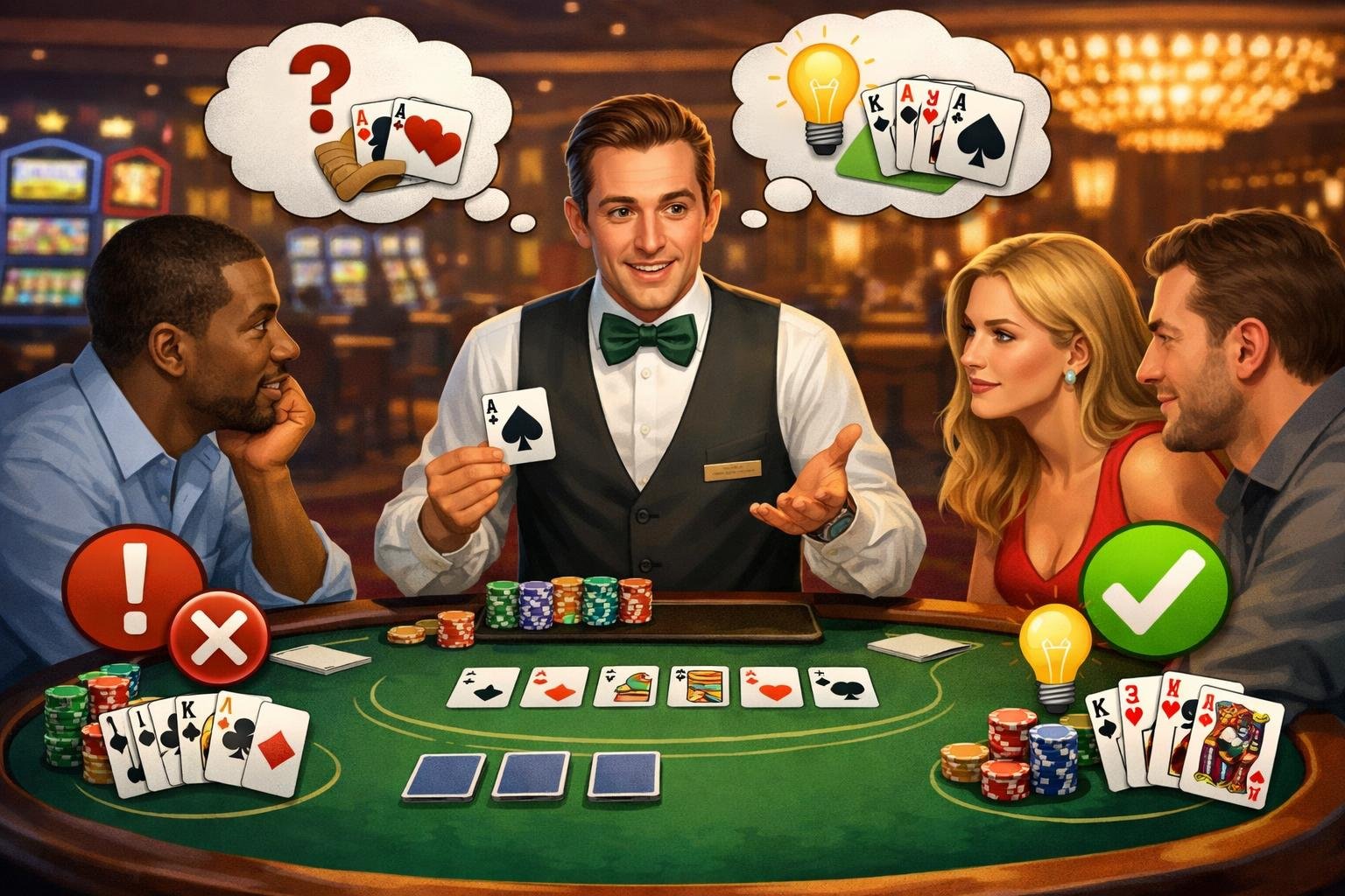 A Casino Poker Table With A Dealer Explaining The Game To Attentive Players, Surrounded By Poker Chips And Cards.
