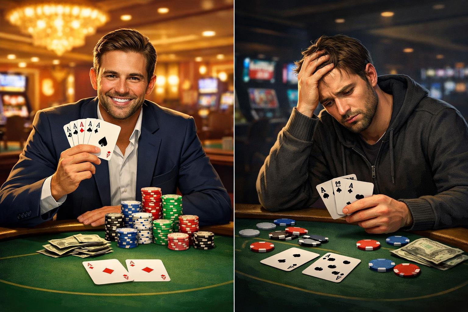 A Casino Card Game Scene Showing A Player Winning On One Side And A Player Losing On The Other, With Casino Chips And Cards On A Table.