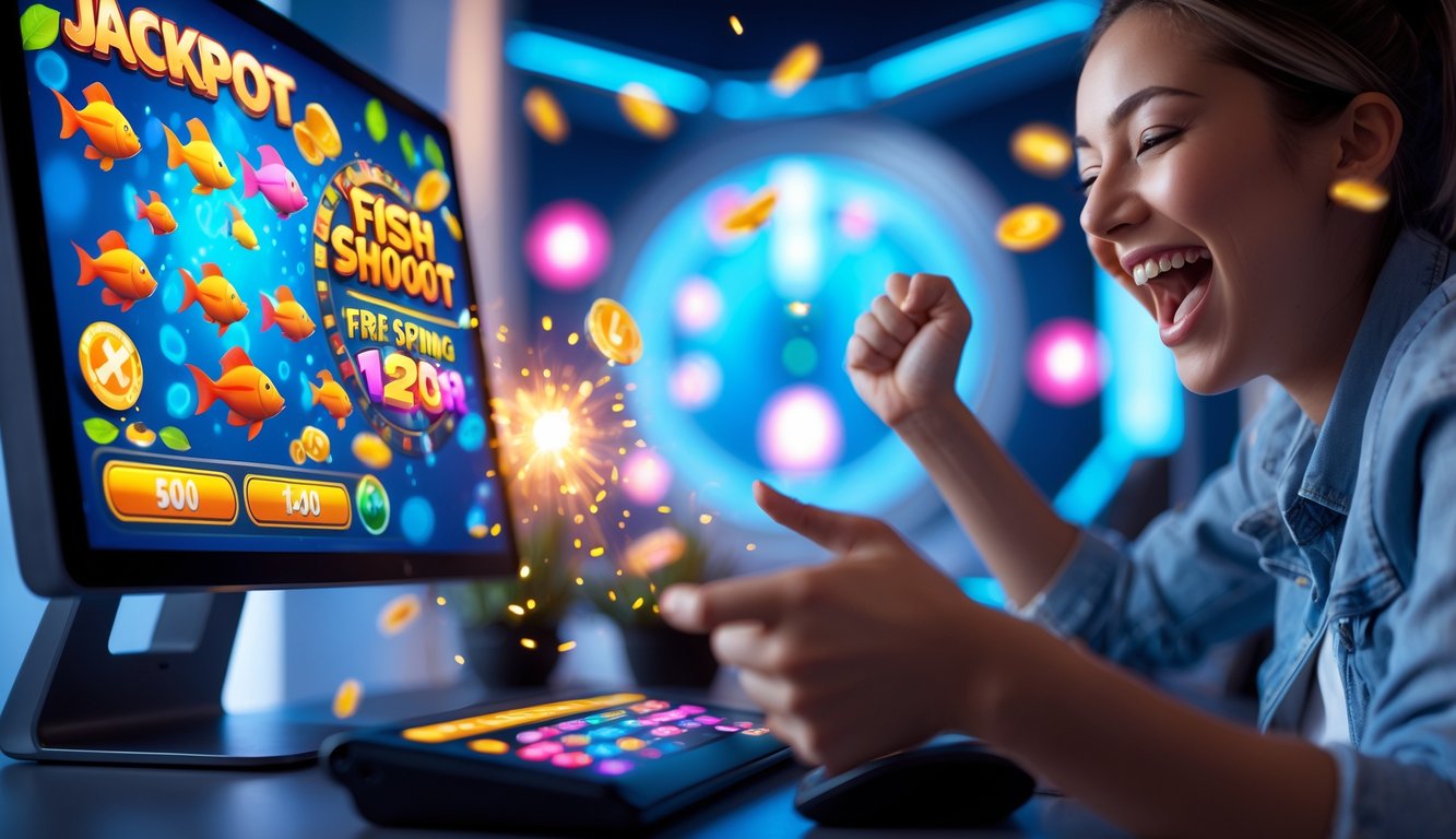 Seseorang merayakan kemenangan besar saat bermain game tembak ikan dengan layar perangkat yang menampilkan ikan berwarna-warni dan simbol jackpot.