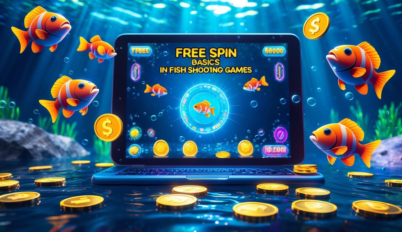 Adegan bawah laut dengan ikan berwarna-warni mengelilingi layar permainan tembak ikan yang menampilkan elemen koin dan efek cahaya yang menggambarkan kemenangan jackpot.