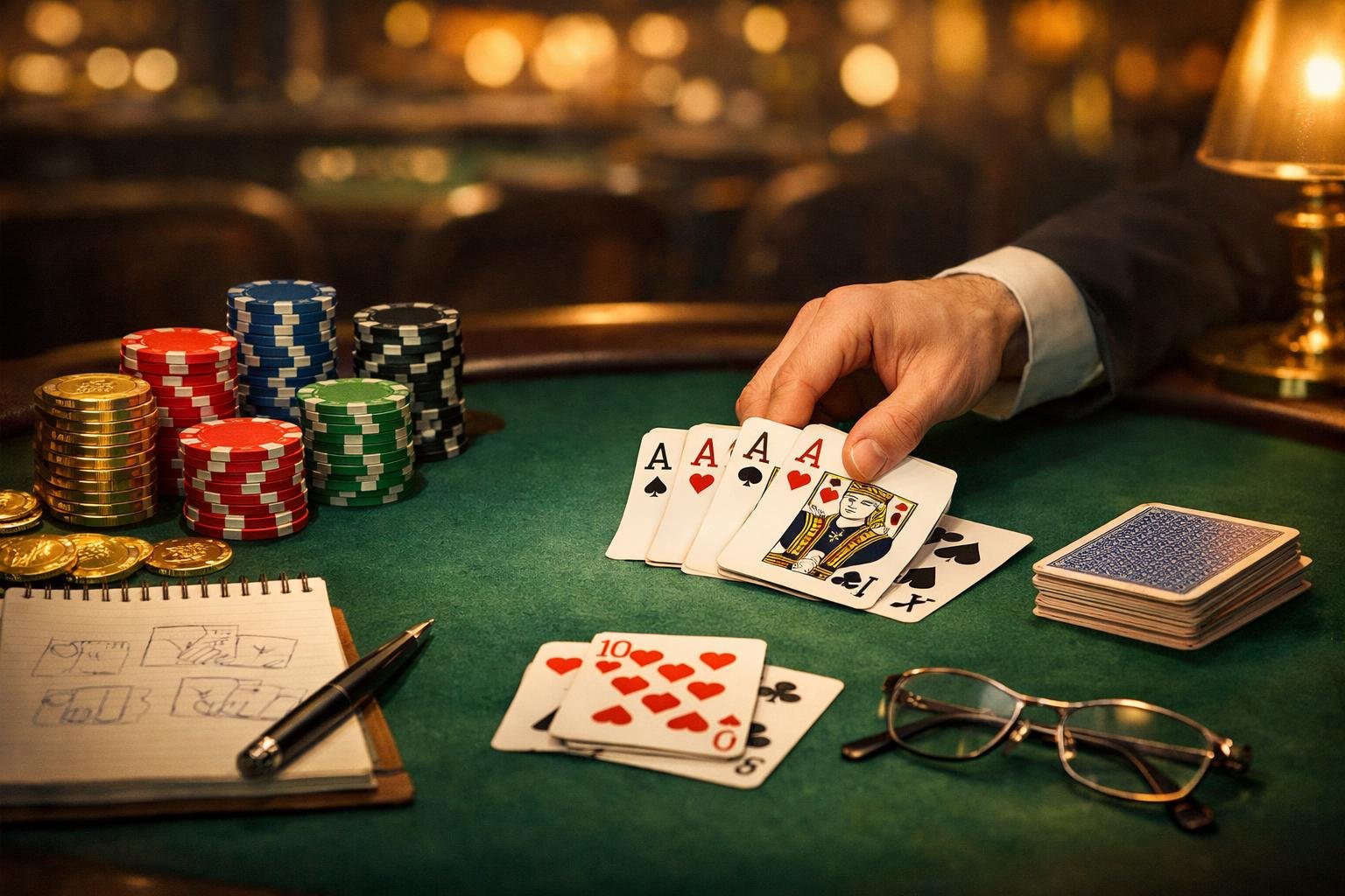 A Casino Table With Playing Cards, Poker Chips, A Dealer's Hand Placing Cards, A Notepad With Sketches, And Reading Glasses, Set In A Softly Lit Casino Interior.