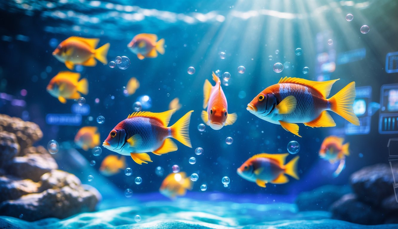 Pemandangan bawah laut dengan ikan tropis berwarna-warni berenang di air jernih dengan cahaya matahari menembus dari atas.