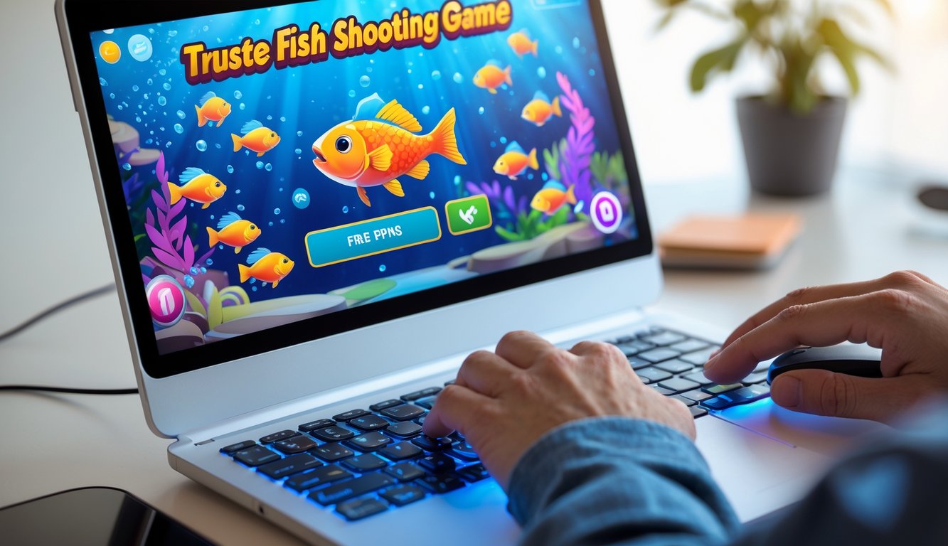 Seseorang bermain game tembak ikan di komputer dengan tampilan layar yang berwarna-warni dan elemen keamanan di sekitar perangkat.