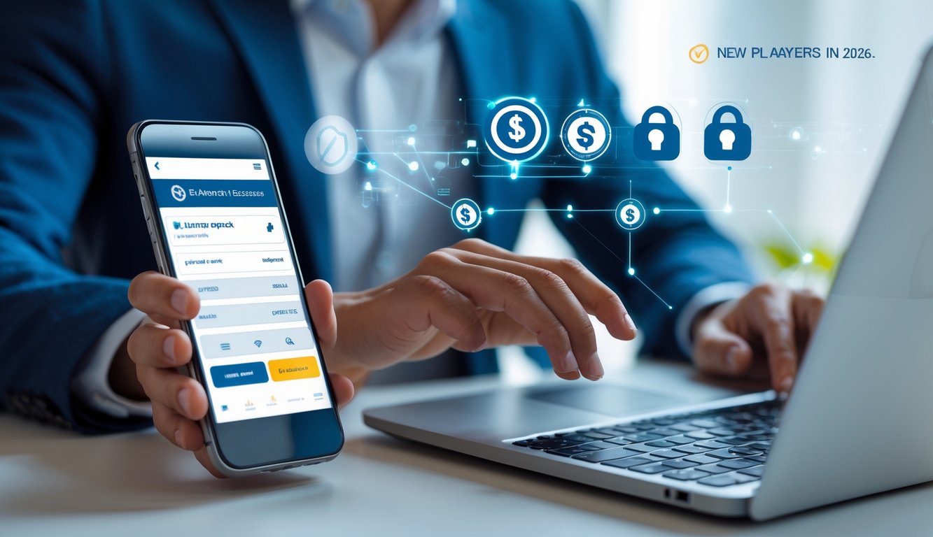 Tangan seseorang menggunakan laptop dan ponsel untuk melakukan transaksi perbankan online yang aman dan terpercaya.