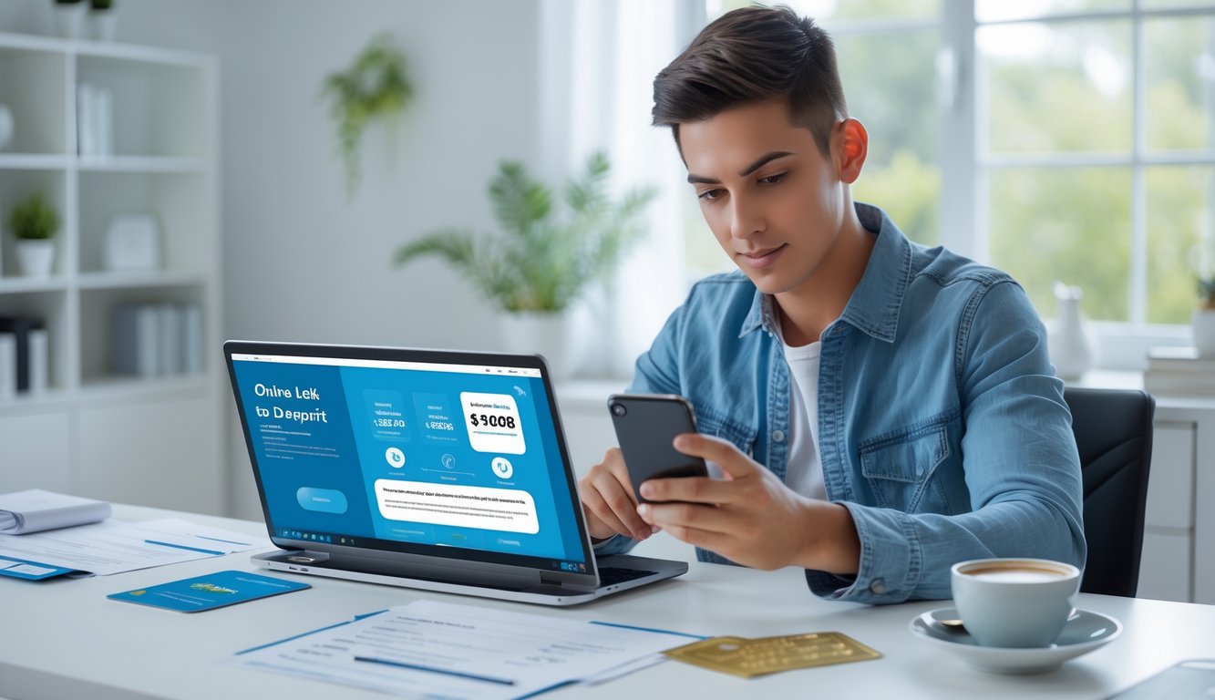 Seorang dewasa muda menggunakan laptop dan ponsel di meja kerja modern dengan dokumen keuangan dan kartu bank di sekitarnya.