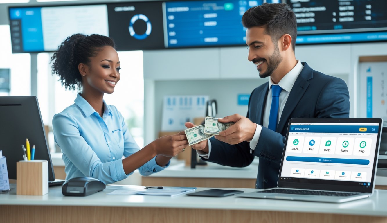 Seorang teller bank membantu nasabah melakukan setoran di dalam bank yang modern dan terang.