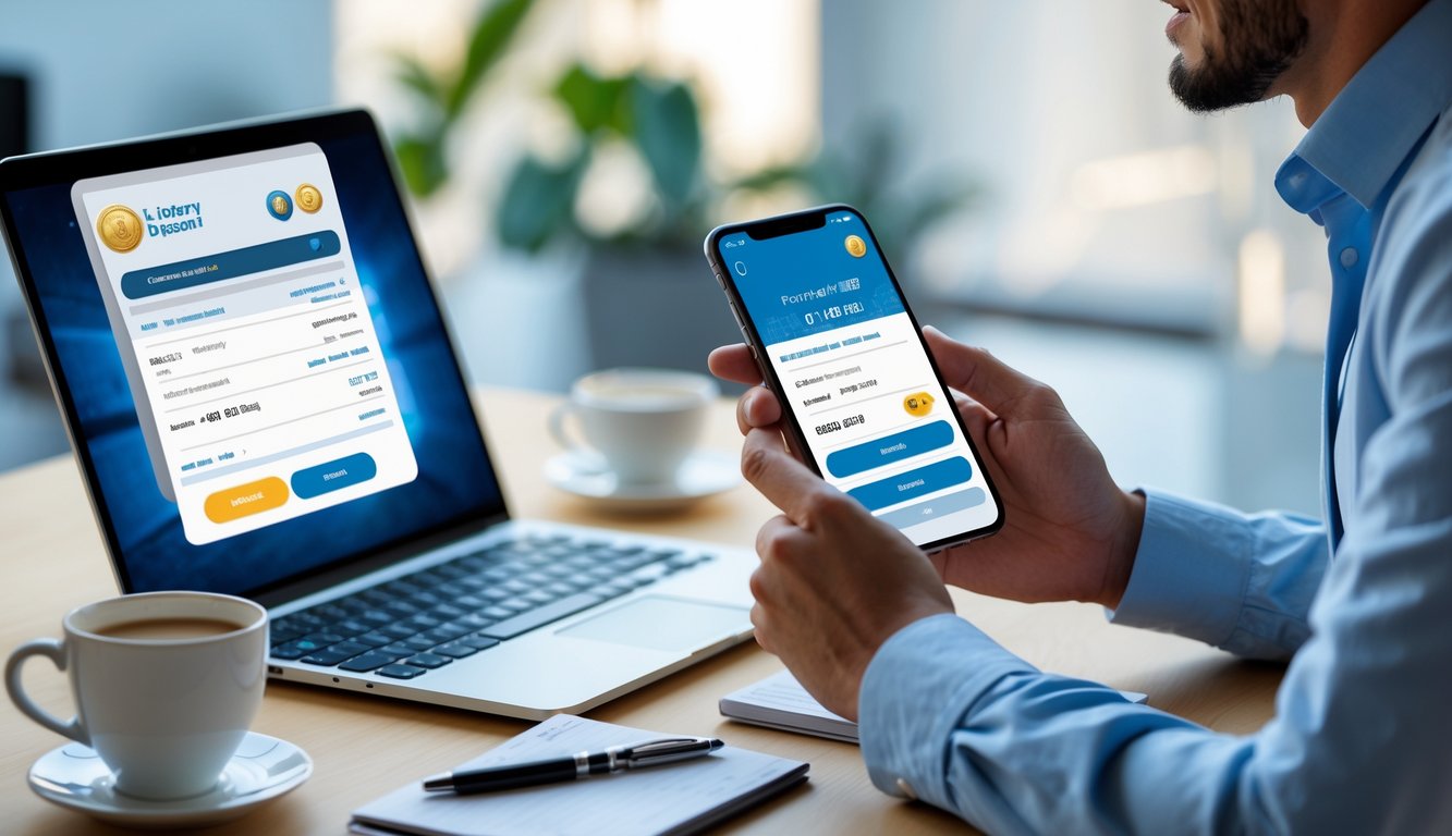 Seseorang sedang melakukan deposit togel online lewat bank dengan laptop dan ponsel di meja kerja.