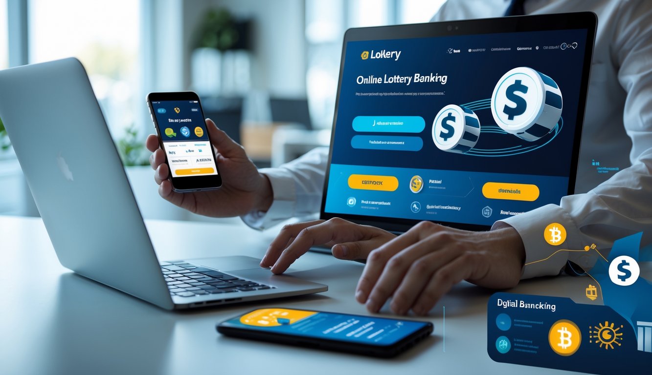 Seseorang menggunakan ponsel dan laptop di meja kerja untuk melakukan transaksi deposit melalui bank pada platform togel online.